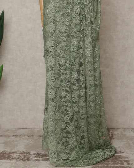 French Chantilly Lace Saree Piece - Eucalyptus Green