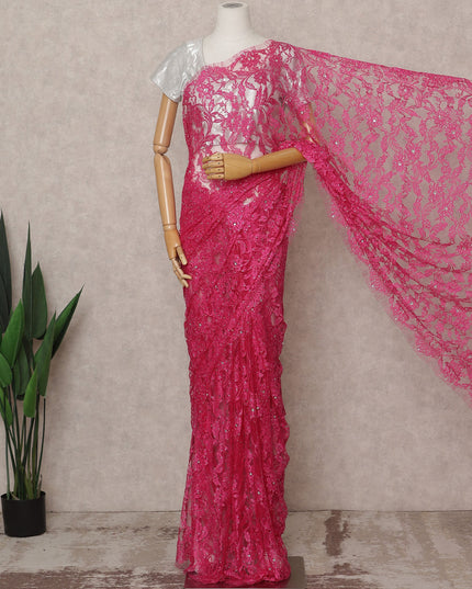 Hot Pink Premium French 2-Tone Chantilly Lace Saree with Stone Work, Width 110 Cms, 5.5 Mtrs, France-D25559