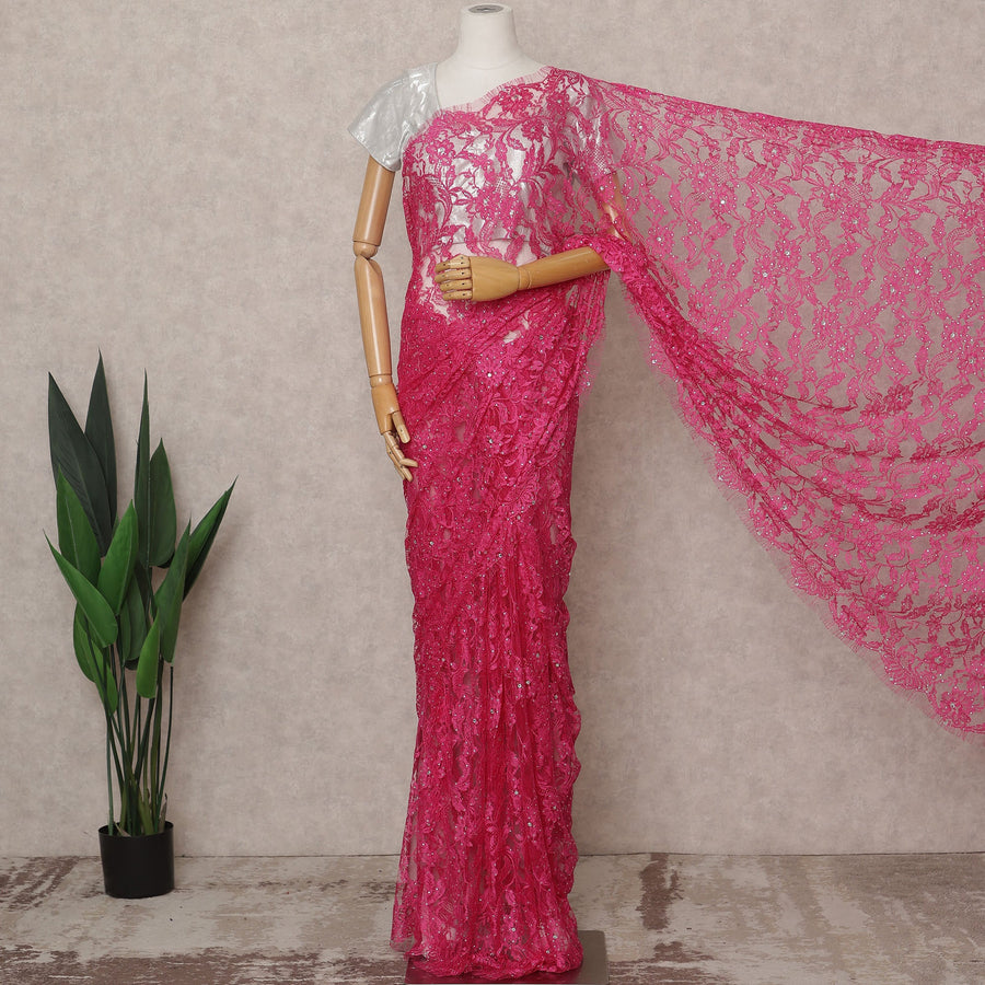 Hot Pink Premium French 2-Tone Chantilly Lace Saree with Stone Work, Width 110 Cms, 5.5 Mtrs, France-D25559