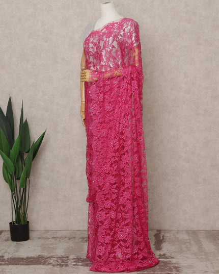 Hot Pink Premium French 2-Tone Chantilly Lace Saree with Stone Work, Width 110 Cms, 5.5 Mtrs, France-D25559