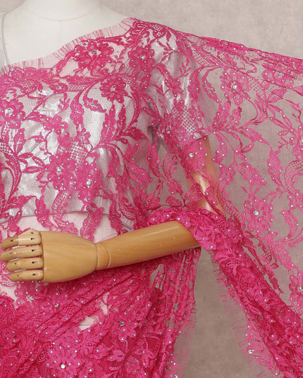 Hot Pink Premium French 2-Tone Chantilly Lace Saree with Stone Work, Width 110 Cms, 5.5 Mtrs, France-D25559