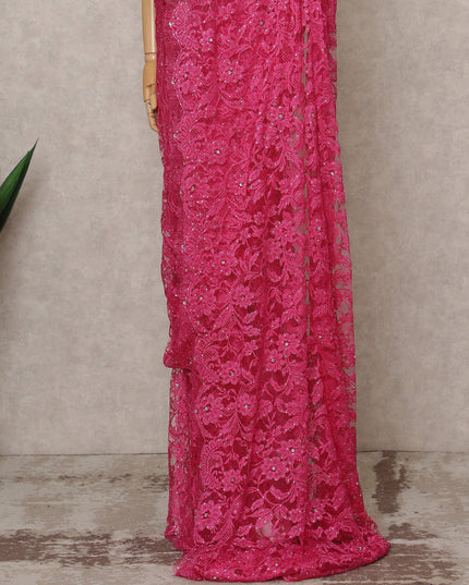 Hot Pink Premium French 2-Tone Chantilly Lace Saree with Stone Work, Width 110 Cms, 5.5 Mtrs, France-D25559