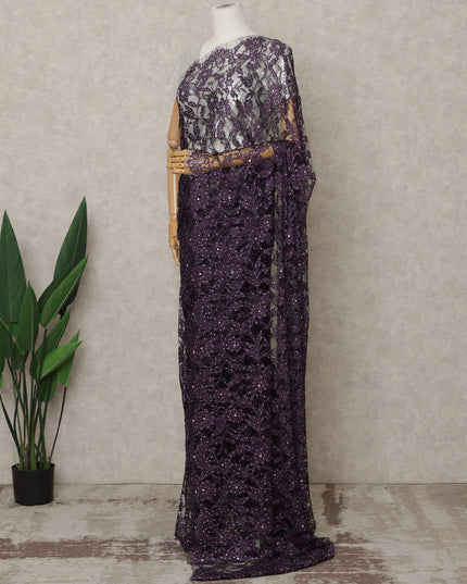 ساري فرنسي فاخر بلون بنفسجي غامق من الدانتيل الشانتيلي ثنائي اللون مع تطريز حجري، عرض 110 سم، 5.5 متر، فرنسا - D25578