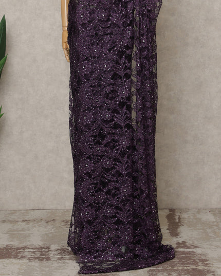ساري فرنسي فاخر بلون بنفسجي غامق من الدانتيل الشانتيلي ثنائي اللون مع تطريز حجري، عرض 110 سم، 5.5 متر، فرنسا - D25578