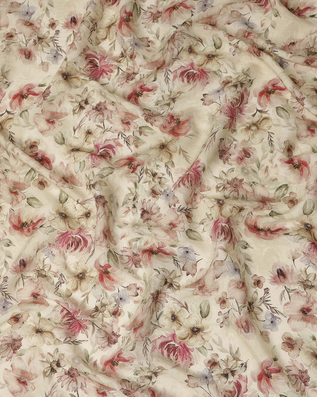Ivory Beige Vintage Floral Printed Viscose Crepe Fabric Soft Lightweight Textured Botanical Flower Pattern Elegant Dress Sewing Craft Fabric 110 Cms Width Made In India-D28329