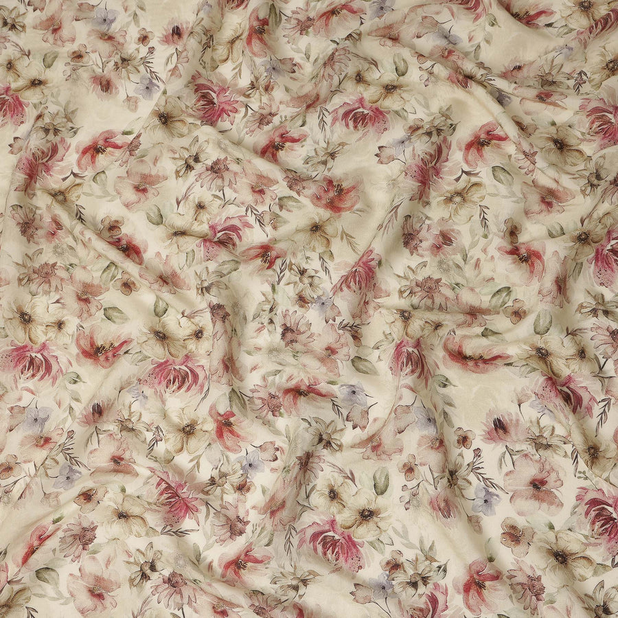 Ivory Beige Vintage Floral Printed Viscose Crepe Fabric Soft Lightweight Textured Botanical Flower Pattern Elegant Dress Sewing Craft Fabric 110 Cms Width Made In India-D28329
