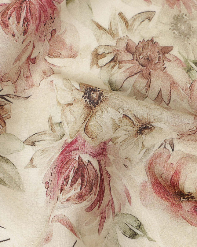Ivory Beige Vintage Floral Printed Viscose Crepe Fabric Soft Lightweight Textured Botanical Flower Pattern Elegant Dress Sewing Craft Fabric 110 Cms Width Made In India-D28329