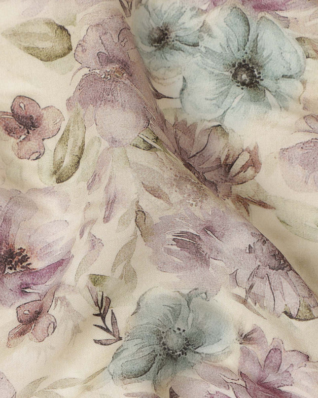 Ivory Cream Pastel Watercolor Floral Printed Viscose Crepe Fabric Soft Lightweight Textured Botanical Flower Pattern Dress Sewing Craft Fabric 110 Cms Width Made In India-D28327