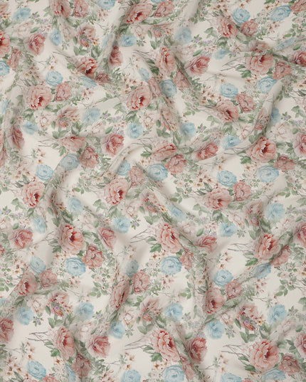 Cream Peach Blue Floral Printed Viscose Crepe Fabric 110 Cms Width India-D27743