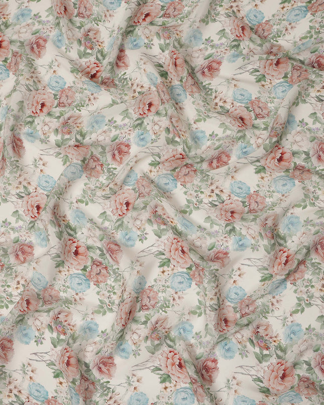 Cream Peach Blue Floral Printed Viscose Crepe Fabric 110 Cms Width India-D27743