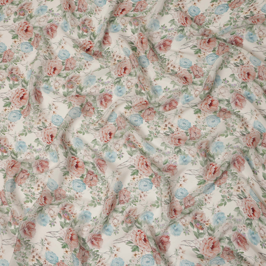 Cream Peach Blue Floral Printed Viscose Crepe Fabric 110 Cms Width India-D27743