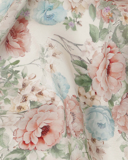 Cream Peach Blue Floral Printed Viscose Crepe Fabric 110 Cms Width India-D27743
