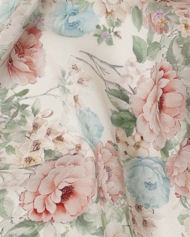 Cream Peach Blue Floral Printed Viscose Crepe Fabric 110 Cms Width India-D27743