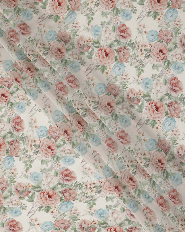 Cream Peach Blue Floral Printed Viscose Crepe Fabric 110 Cms Width India-D27743