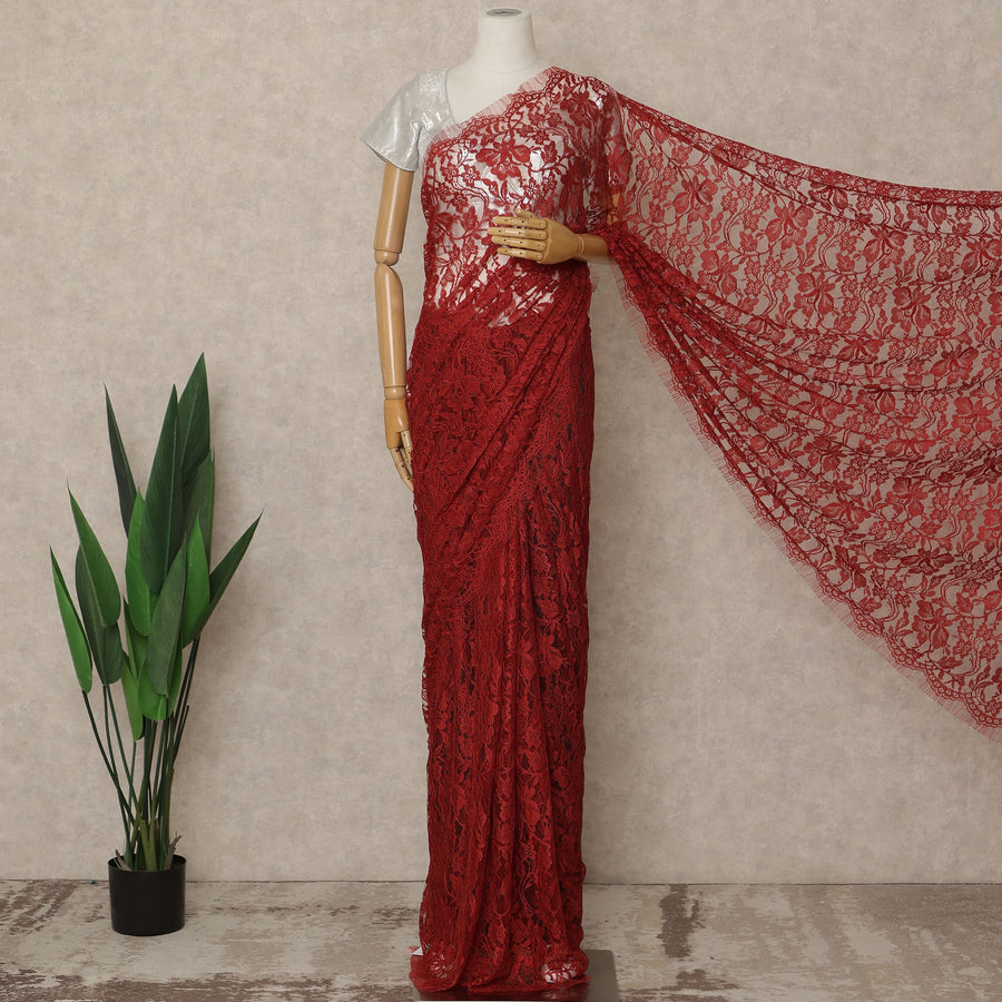 Crimson Red Premium French Chantilly Saree Lace Fabric 5.5 Meters x 110 Cms Width Elegant Floral Net Material From France Unstitched Blouse Not Included-D28157