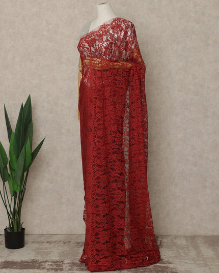 Crimson Red Premium French Chantilly Saree Lace Fabric 5.5 Meters x 110 Cms Width Elegant Floral Net Material From France Unstitched Blouse Not Included-D28157