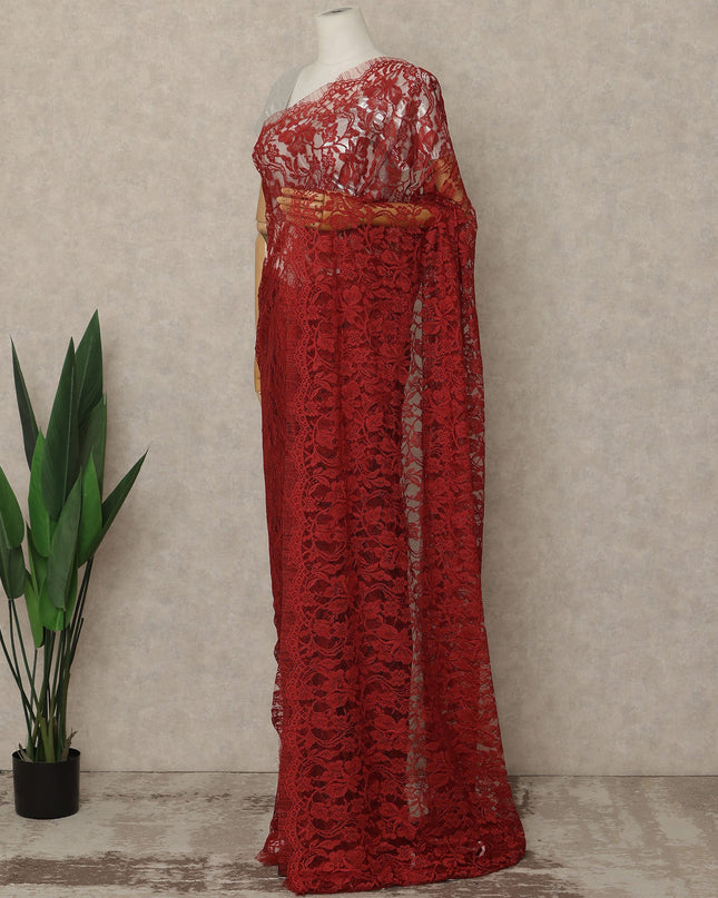 Crimson Red Premium French Chantilly Saree Lace Fabric 5.5 Meters x 110 Cms Width Elegant Floral Net Material From France Unstitched Blouse Not Included-D28157