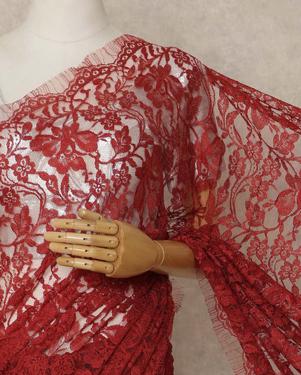 Crimson Red Premium French Chantilly Saree Lace Fabric 5.5 Meters x 110 Cms Width Elegant Floral Net Material From France Unstitched Blouse Not Included-D28157
