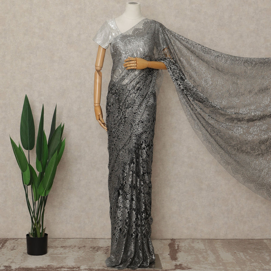 Grey French Metallic Chantilly Lace Saree