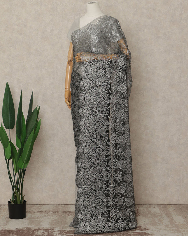 Grey French Metallic Chantilly Lace Saree