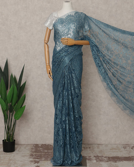 Teal Blue Premium French Metallic Chantilly Lace Saree – 5.5 Meters Length, 110 Cms Width, Crafted in France-D26113