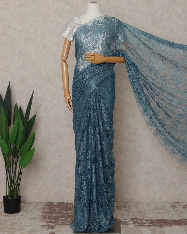 Teal Blue Premium French Metallic Chantilly Lace Saree – 5.5 Meters Length, 110 Cms Width, Crafted in France-D26113