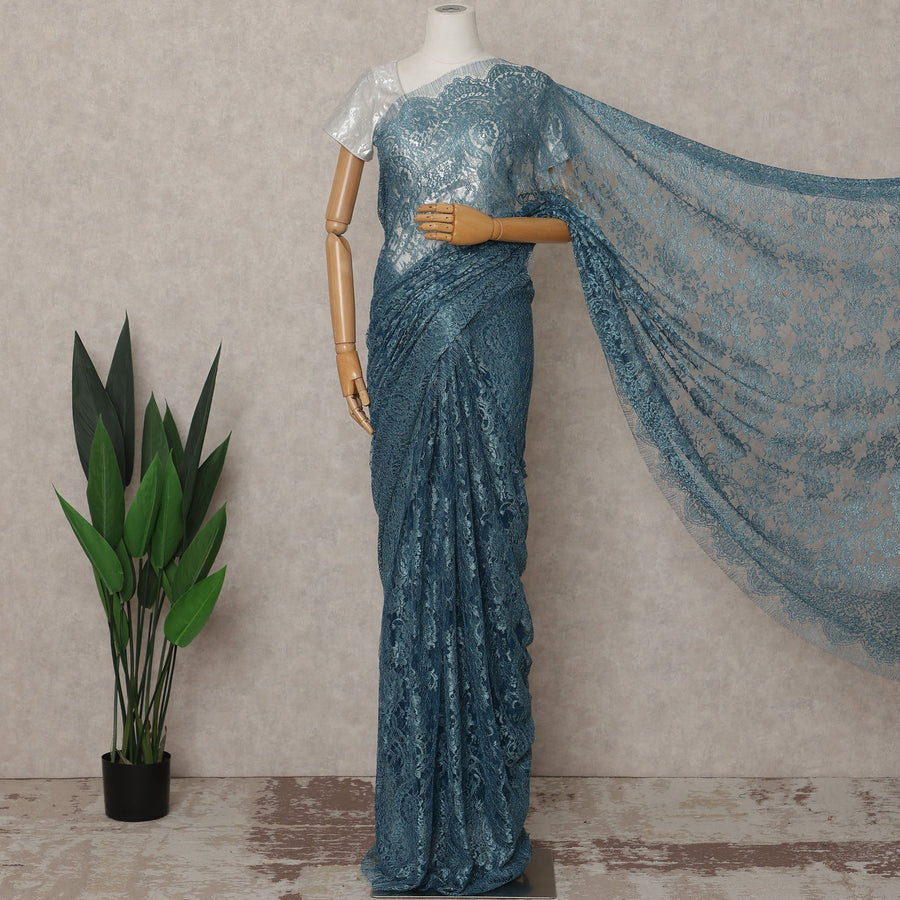 Teal Blue Premium French Metallic Chantilly Lace Saree – 5.5 Meters Length, 110 Cms Width, Crafted in France-D26113