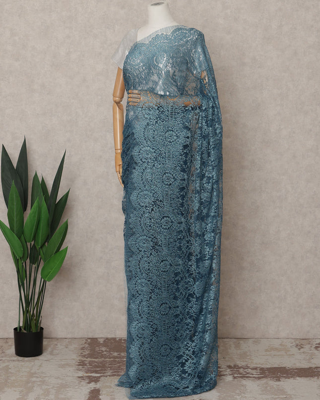 Teal Blue Premium French Metallic Chantilly Lace Saree – 5.5 Meters Length, 110 Cms Width, Crafted in France-D26113