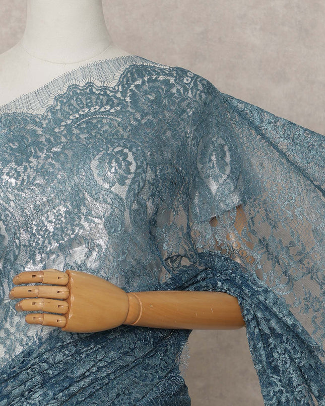 Teal Blue Premium French Metallic Chantilly Lace Saree – 5.5 Meters Length, 110 Cms Width, Crafted in France-D26113