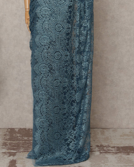 Teal Blue Premium French Metallic Chantilly Lace Saree – 5.5 Meters Length, 110 Cms Width, Crafted in France-D26113