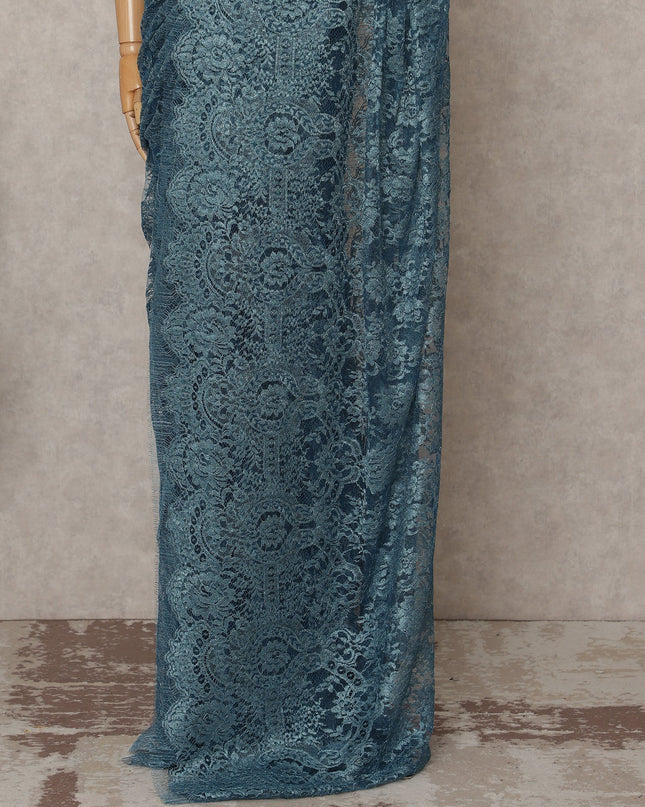 Teal Blue Premium French Metallic Chantilly Lace Saree – 5.5 Meters Length, 110 Cms Width, Crafted in France-D26113