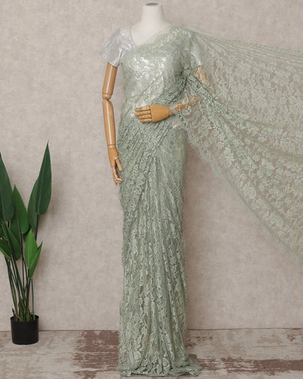 Sage Green Premium French 2-Tone Chantilly Lace Saree, 5.5 Mtrs with 110 Cms Width, Imported from France-D25431
