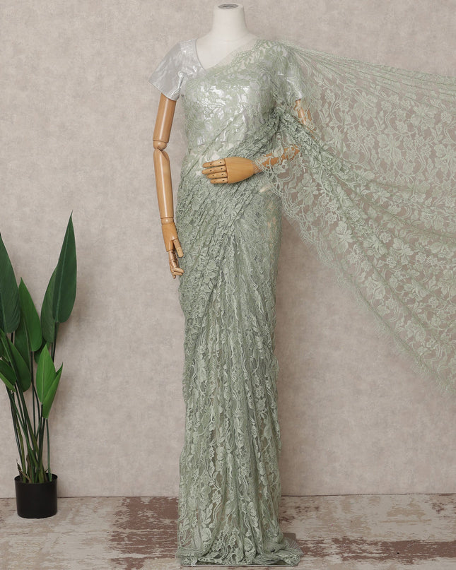 Sage Green Premium French 2-Tone Chantilly Lace Saree, 5.5 Mtrs with 110 Cms Width, Imported from France-D25431