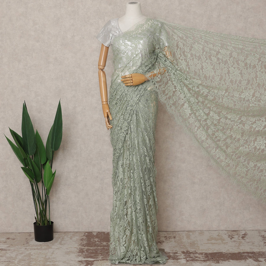 Sage Green Premium French 2-Tone Chantilly Lace Saree, 5.5 Mtrs with 110 Cms Width, Imported from France-D25431