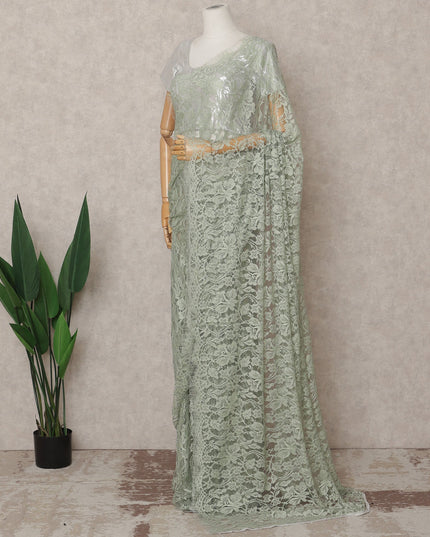 Sage Green Premium French 2-Tone Chantilly Lace Saree, 5.5 Mtrs with 110 Cms Width, Imported from France-D25431