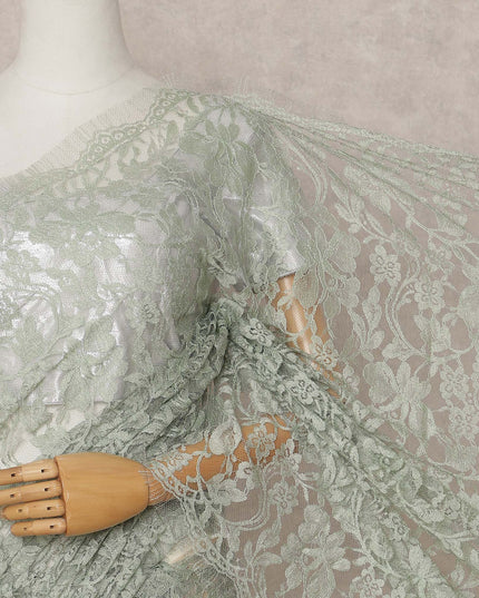Sage Green Premium French 2-Tone Chantilly Lace Saree, 5.5 Mtrs with 110 Cms Width, Imported from France-D25431