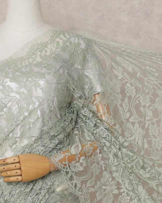 Sage Green Premium French 2-Tone Chantilly Lace Saree, 5.5 Mtrs with 110 Cms Width, Imported from France-D25431