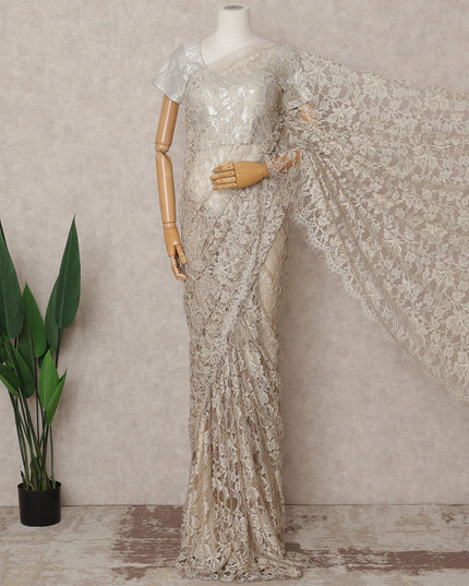 Beige Premium French 2-Tone Chantilly Lace Saree, 5.5 Mtrs with 110 Cms Width, Imported from France-D25432