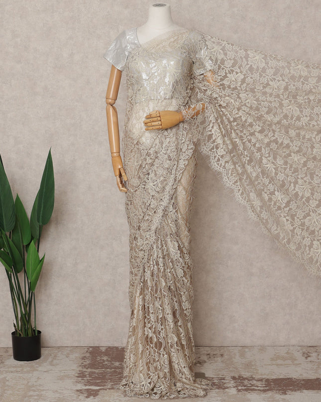 Beige Premium French 2-Tone Chantilly Lace Saree, 5.5 Mtrs with 110 Cms Width, Imported from France-D25432