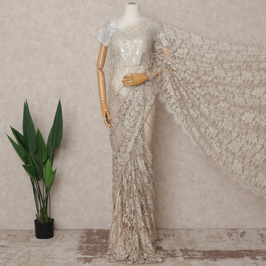 Beige Premium French 2-Tone Chantilly Lace Saree, 5.5 Mtrs with 110 Cms Width, Imported from France-D25432