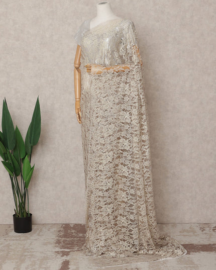 Beige Premium French 2-Tone Chantilly Lace Saree, 5.5 Mtrs with 110 Cms Width, Imported from France-D25432
