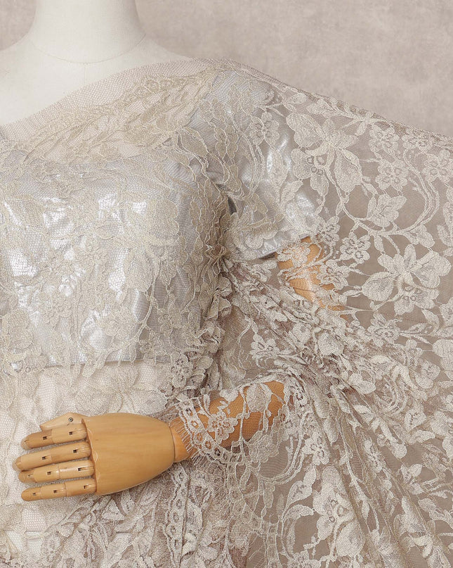 Beige Premium French 2-Tone Chantilly Lace Saree, 5.5 Mtrs with 110 Cms Width, Imported from France-D25432