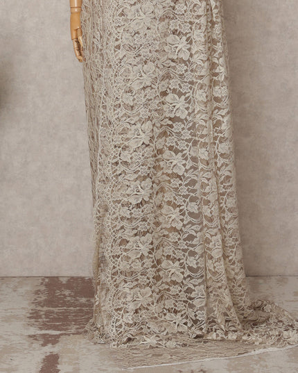 Beige Premium French 2-Tone Chantilly Lace Saree, 5.5 Mtrs with 110 Cms Width, Imported from France-D25432