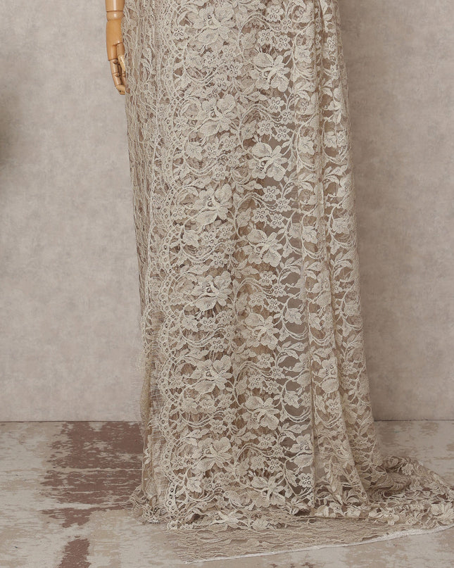 Beige Premium French 2-Tone Chantilly Lace Saree, 5.5 Mtrs with 110 Cms Width, Imported from France-D25432