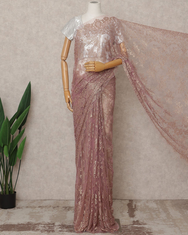 Rose Pink Premium French Metallic Chantilly Lace Saree Fabric – 5.5 Meters Length, Width 110 Cms, Made in France-D25603 Regal Fabrics