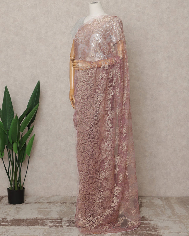 Rose Pink Premium French Metallic Chantilly Lace Saree Fabric – 5.5 Meters Length, Width 110 Cms, Made in France-D25603 Regal Fabrics