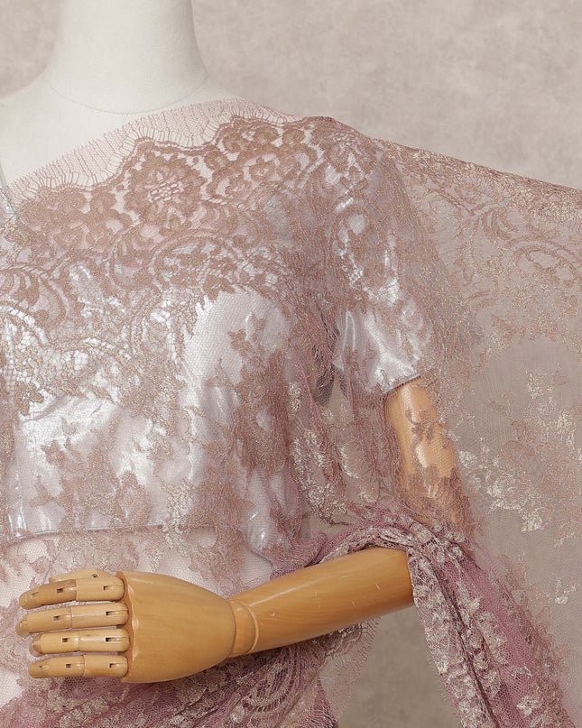 Rose Pink Premium French Metallic Chantilly Lace Saree Fabric – 5.5 Meters Length, Width 110 Cms, Made in France-D25603 Regal Fabrics