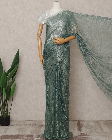 Teal Green Premium French Metallic Chantilly Lace Saree Fabric – 5.5 Meters Length, Width 110 Cms, Made in France-D25609