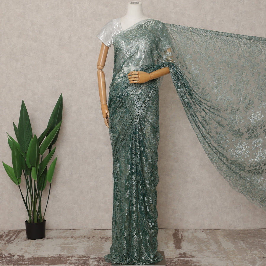 Teal Green Premium French Metallic Chantilly Lace Saree Fabric – 5.5 Meters Length, Width 110 Cms, Made in France-D25609