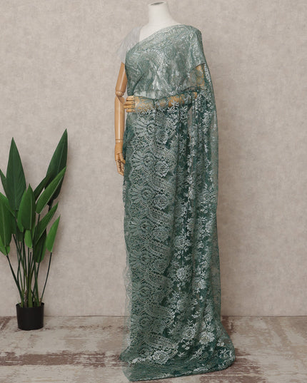 Teal Green Premium French Metallic Chantilly Lace Saree Fabric – 5.5 Meters Length, Width 110 Cms, Made in France-D25609